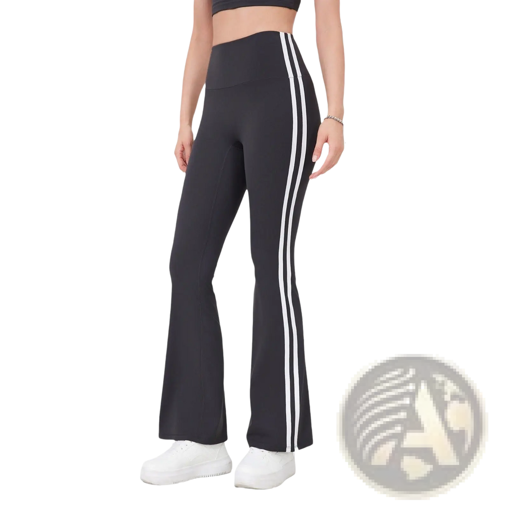 Black high waist flared yoga pants with two vertical white side stripes designed for activewear use