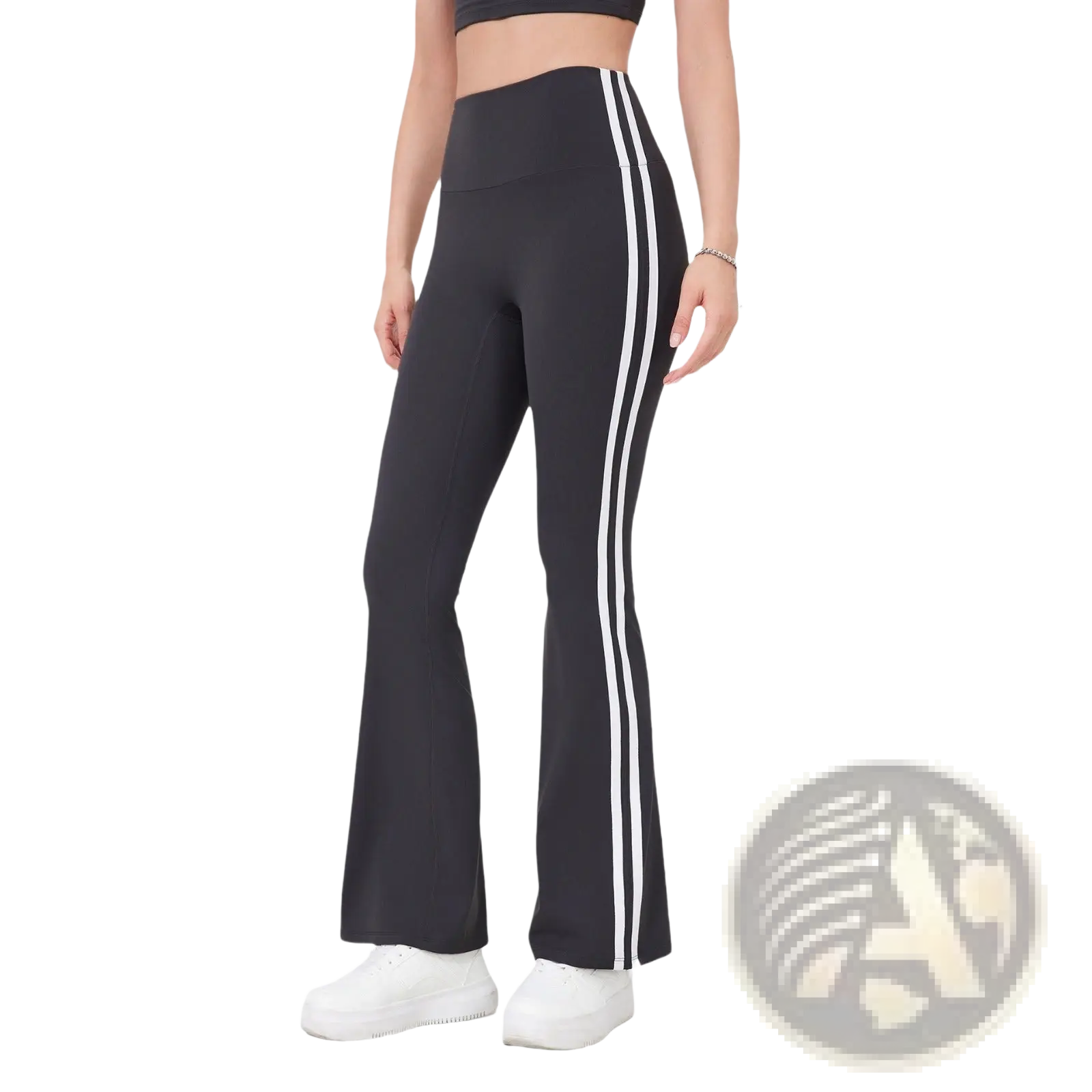 Black high waist flared yoga pants with two vertical white side stripes designed for activewear use