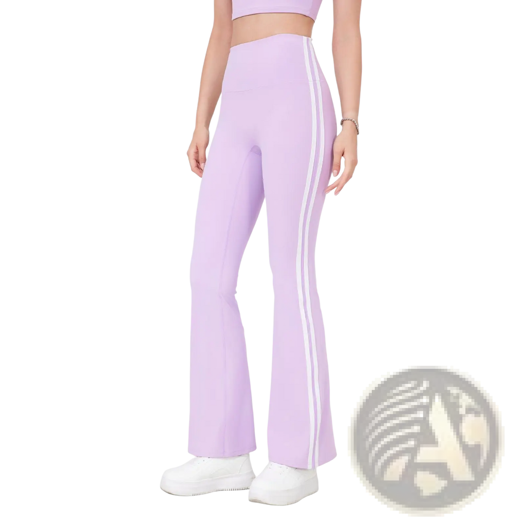 Lilac high waist flared yoga leggings with white side stripes designed for comfort and style during exercise