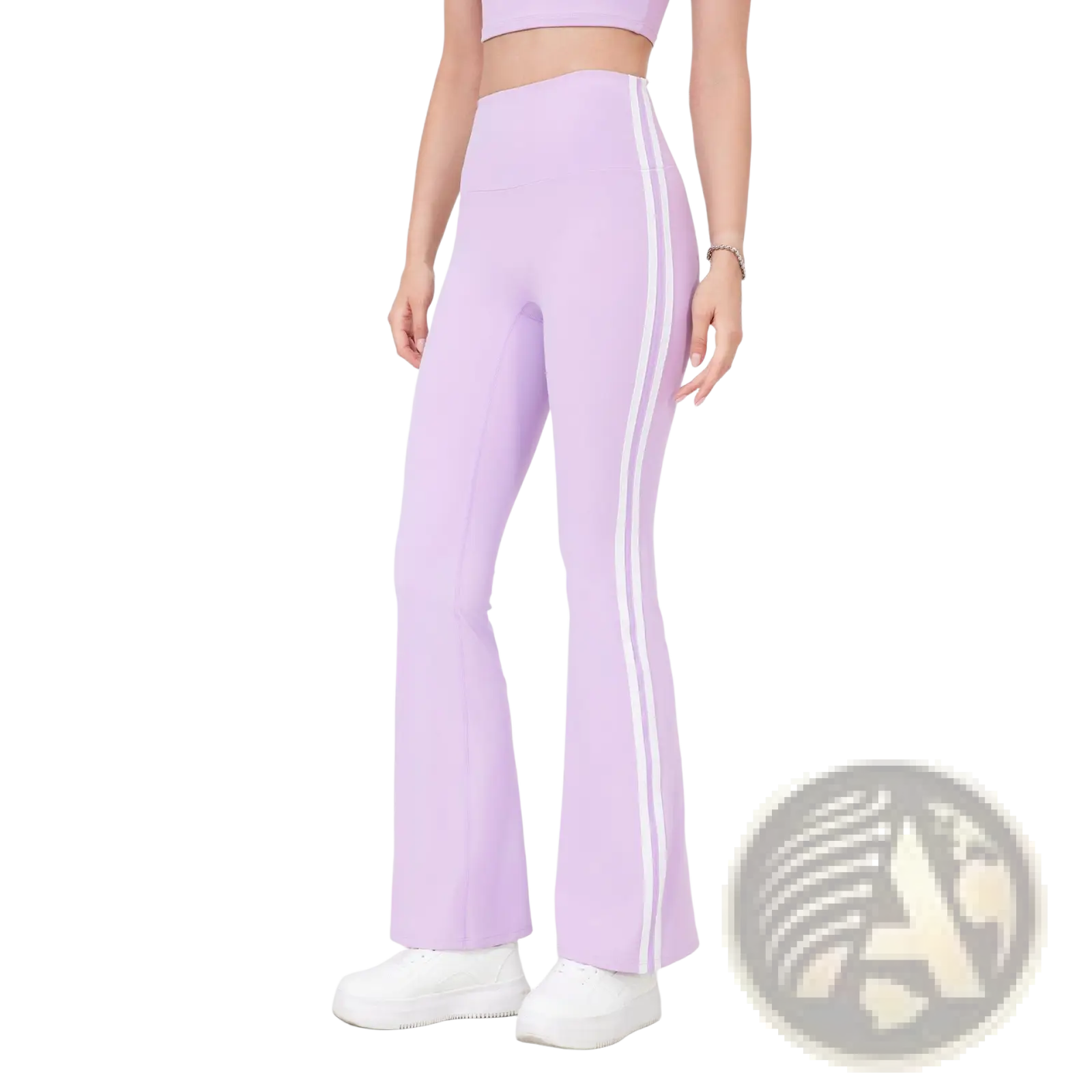 Lilac high waist flared yoga leggings with white side stripes designed for comfort and style during exercise