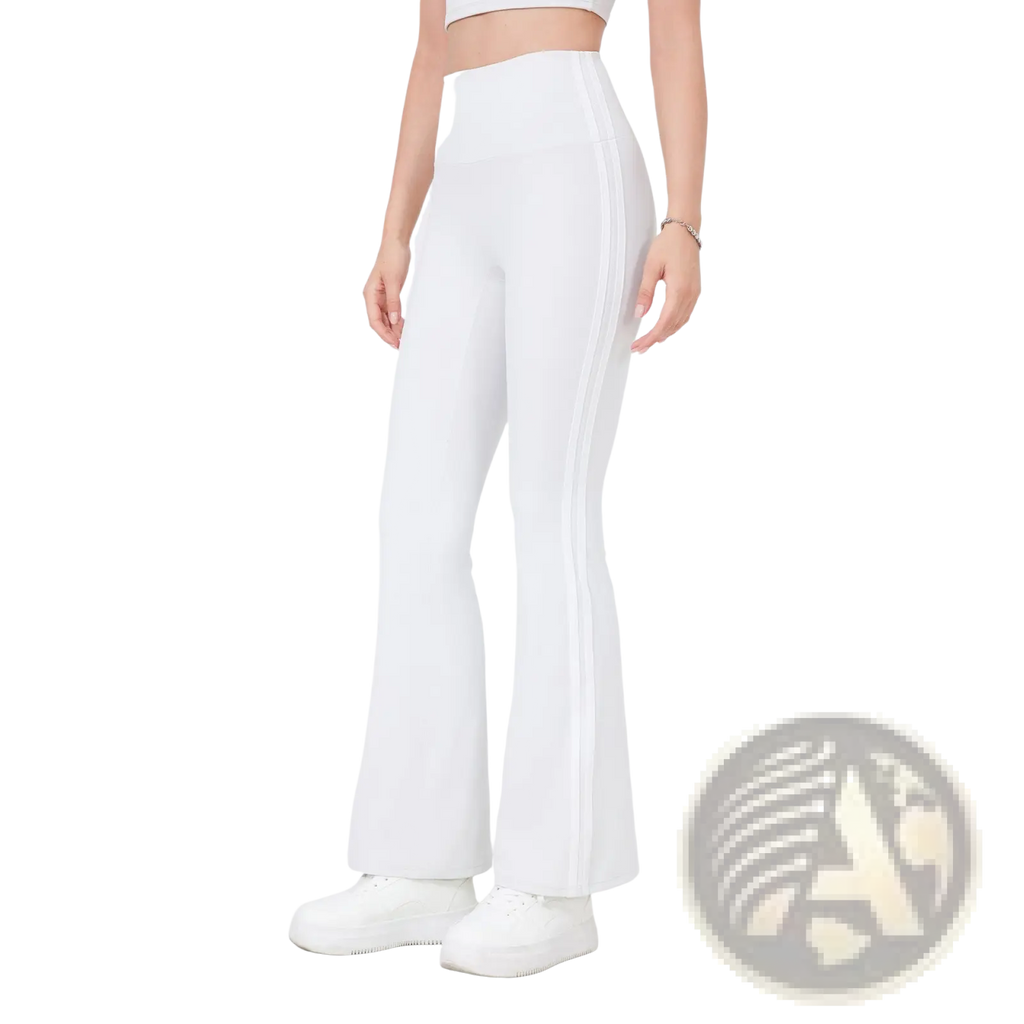 White high-waisted flared yoga pants with vertical seam detailing and side stripes for activewear use