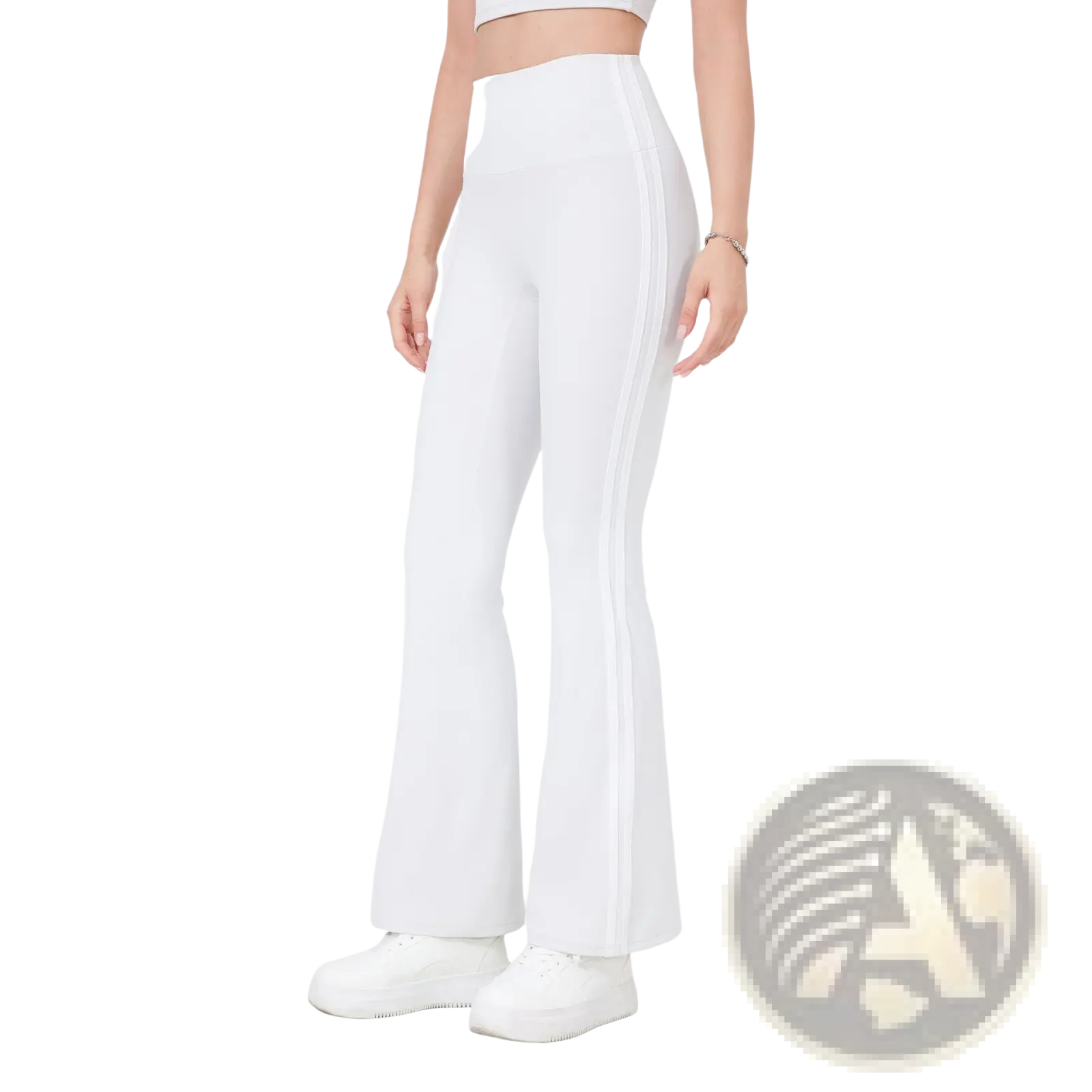White high-waisted flared yoga pants with vertical seam detailing and side stripes for activewear use