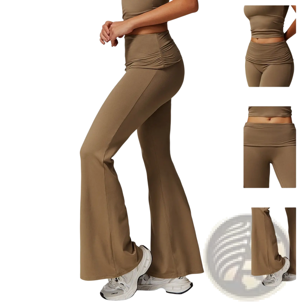 Tan high waist flared yoga pants with gathered waistband designed for comfortable activewear use