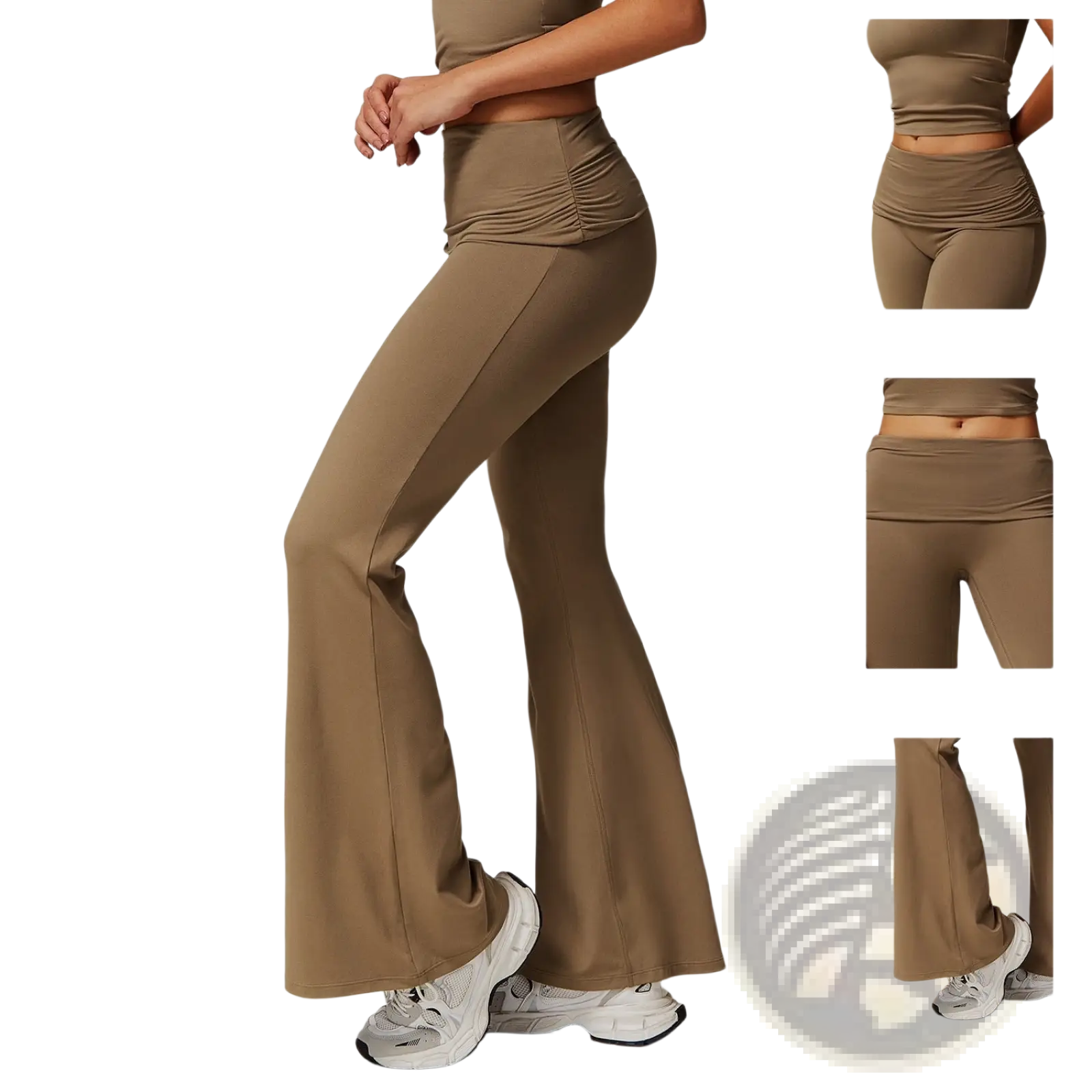 Tan high waist flared yoga pants with gathered waistband designed for comfortable activewear use