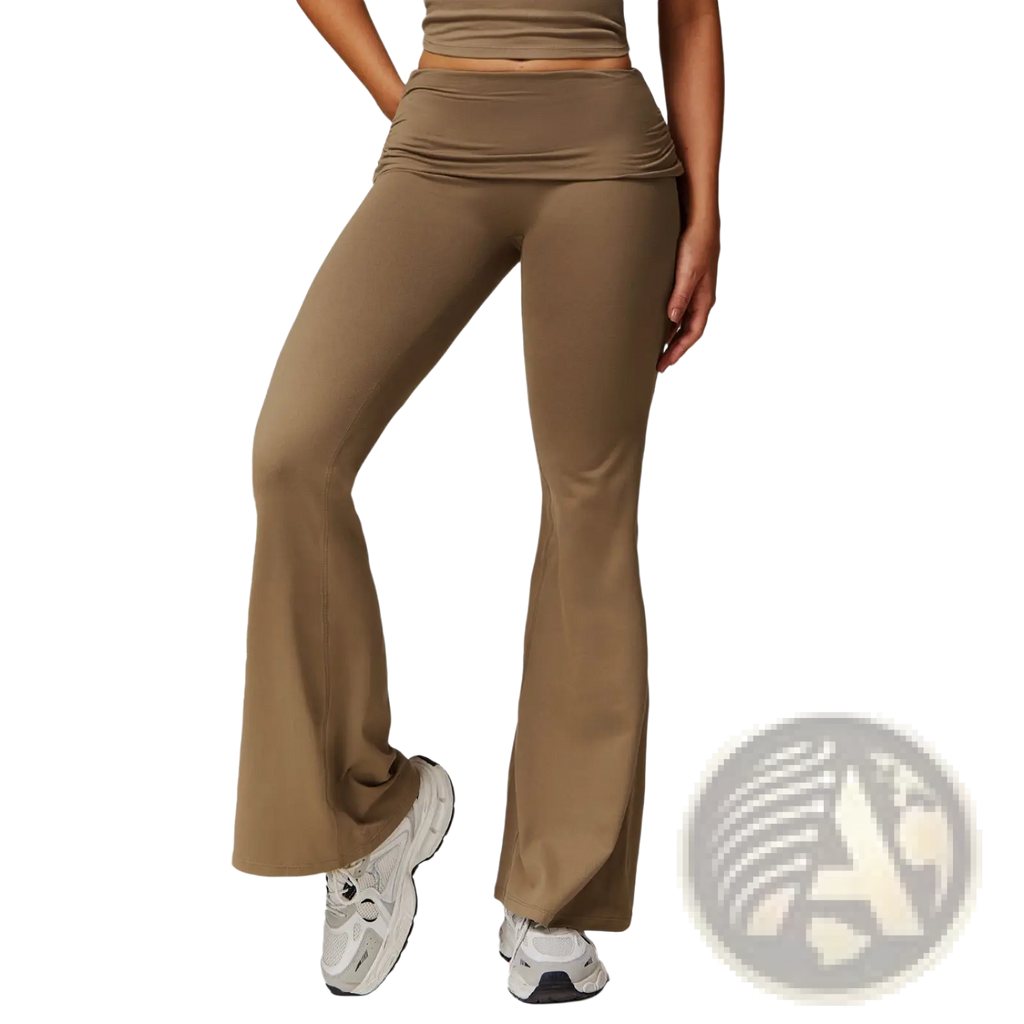 Tan high waist flared yoga pants made of smooth stretchy fabric designed for comfort and flexibility