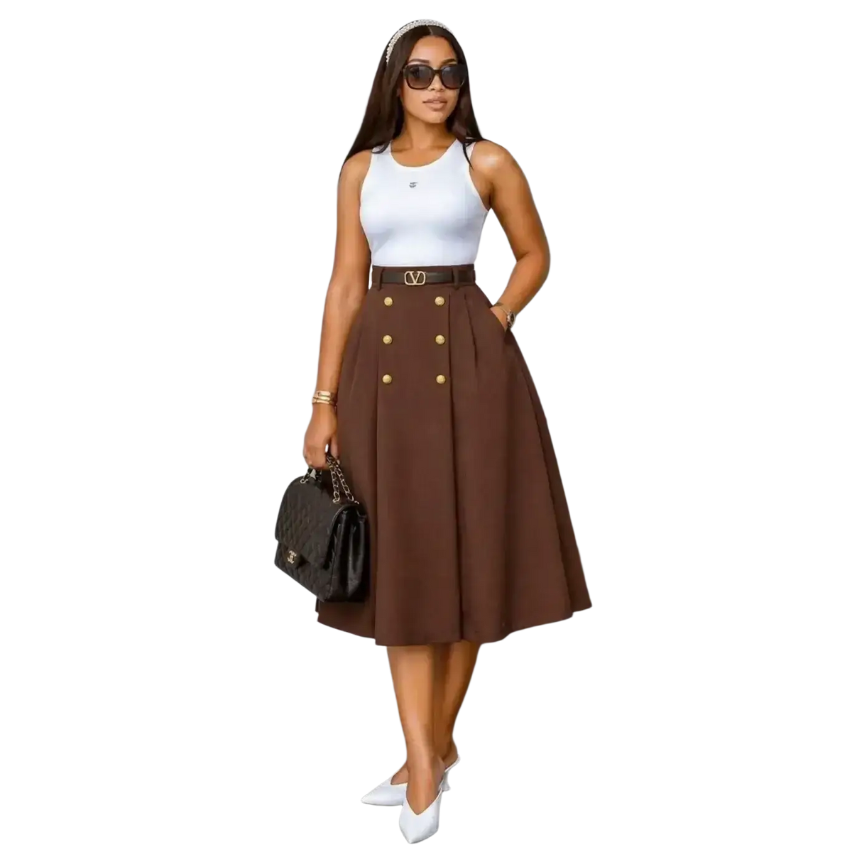 Brown high waist knit midi skirt with double-breasted gold buttons and matching valentino logo belt