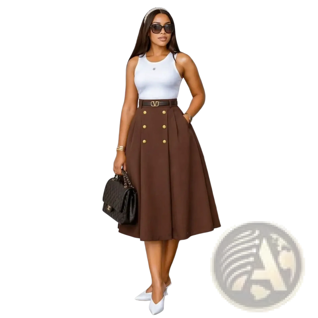 High waist brown knit midi skirt with double breasted gold buttons and valentino logo belt
