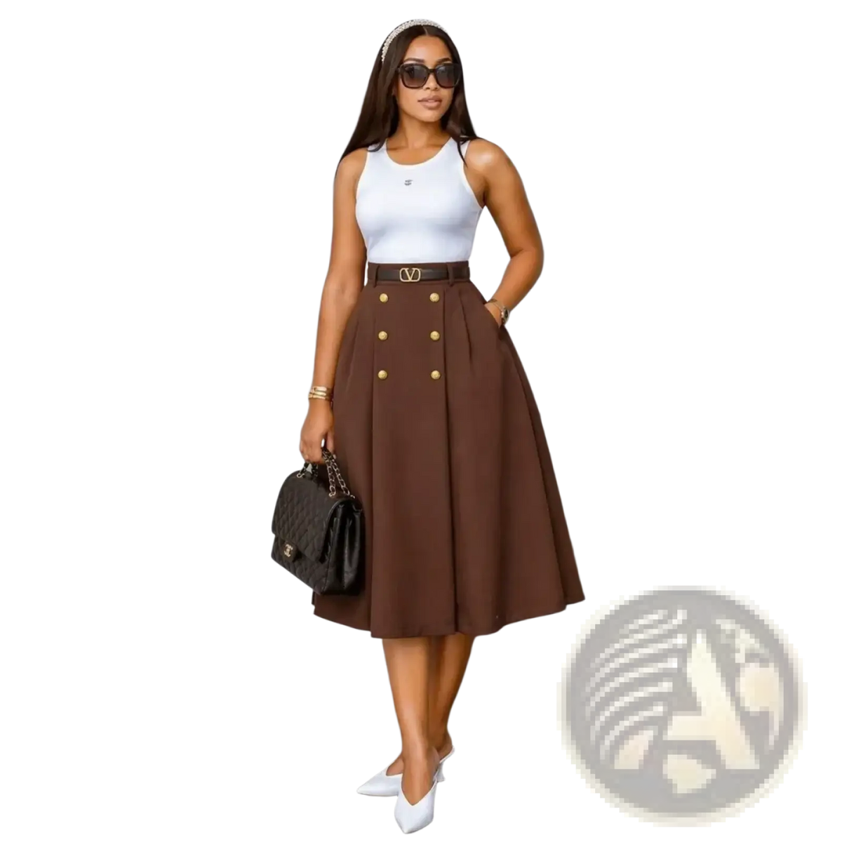 High waist brown knit midi skirt with double breasted gold buttons and valentino logo belt