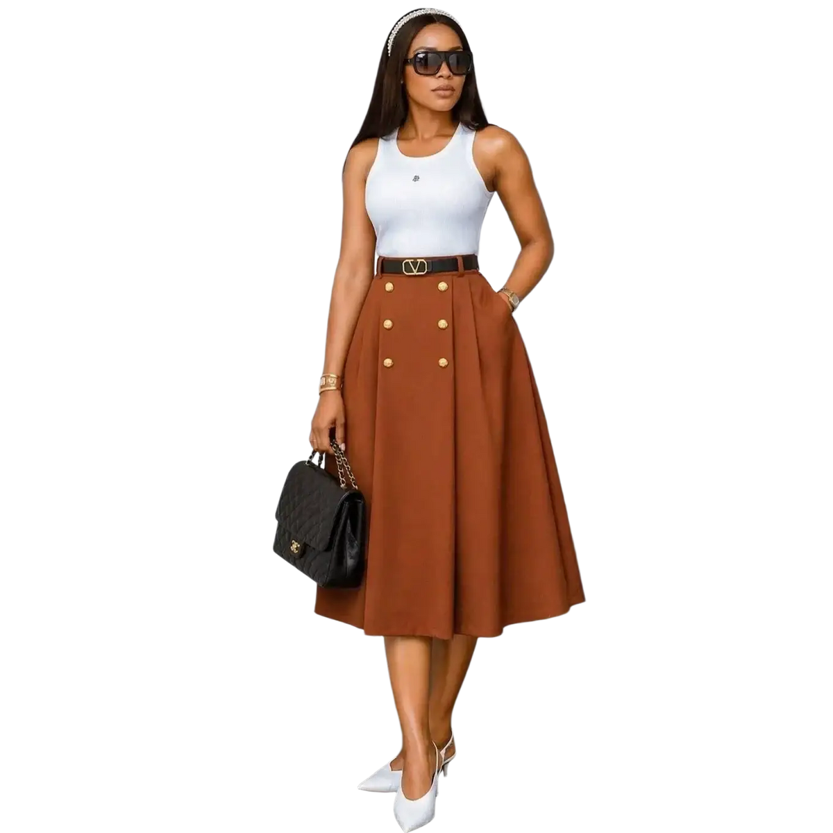 Brown high waist knit midi skirt with double-breasted pleats gold-toned buttons and matching belt