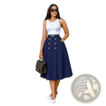Navy blue high waist knit midi skirt with gold-toned double-breasted buttons and black belt with v logo buckle