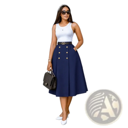 Navy blue high waist knit midi skirt with gold-toned double-breasted buttons and black belt with v logo buckle