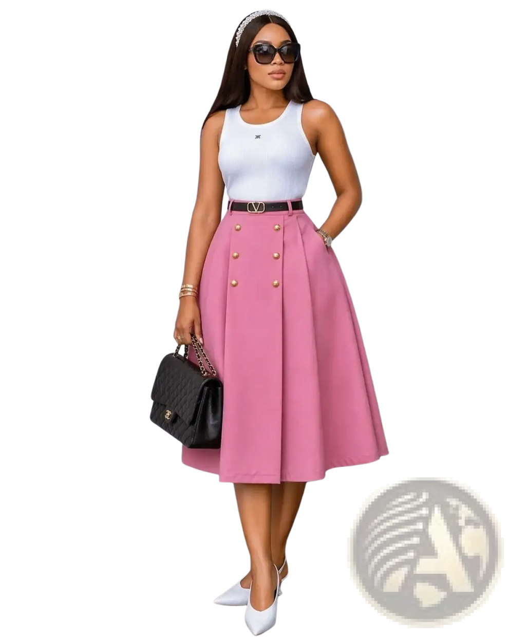 Pink high waist knit midi skirt with double-breasted gold buttons and black belt with logo buckle detail