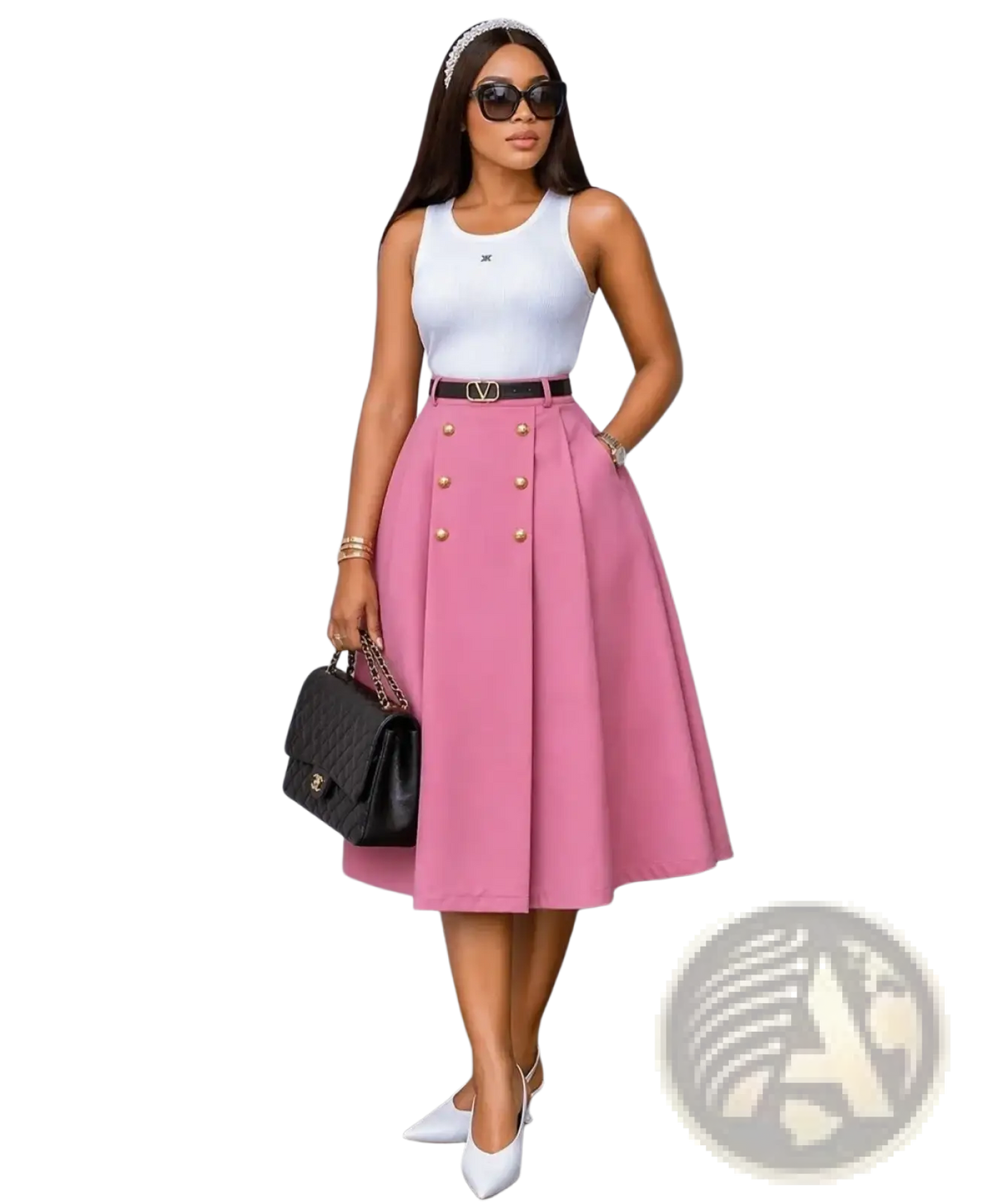 Pink high waist knit midi skirt with double-breasted gold buttons and black belt with logo buckle detail