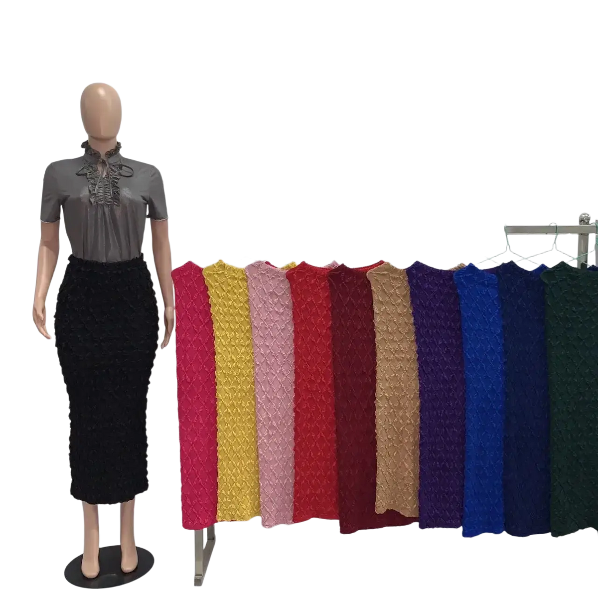 Black high waist knit midi pencil skirt slim fit displayed on mannequin beside colorful knit skirts rack