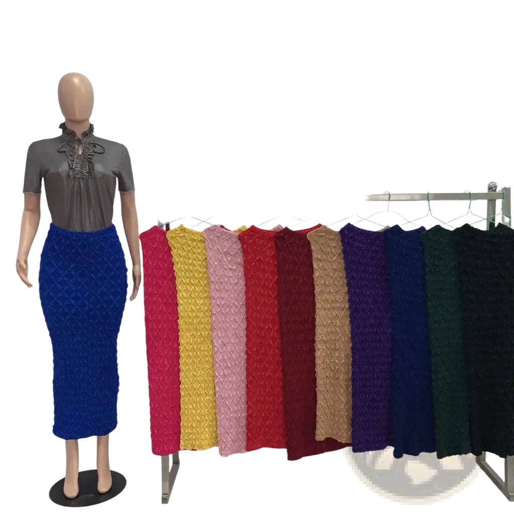 Blue high waist slim fit knit midi skirt displayed on mannequin beside rack of colorful knit skirts