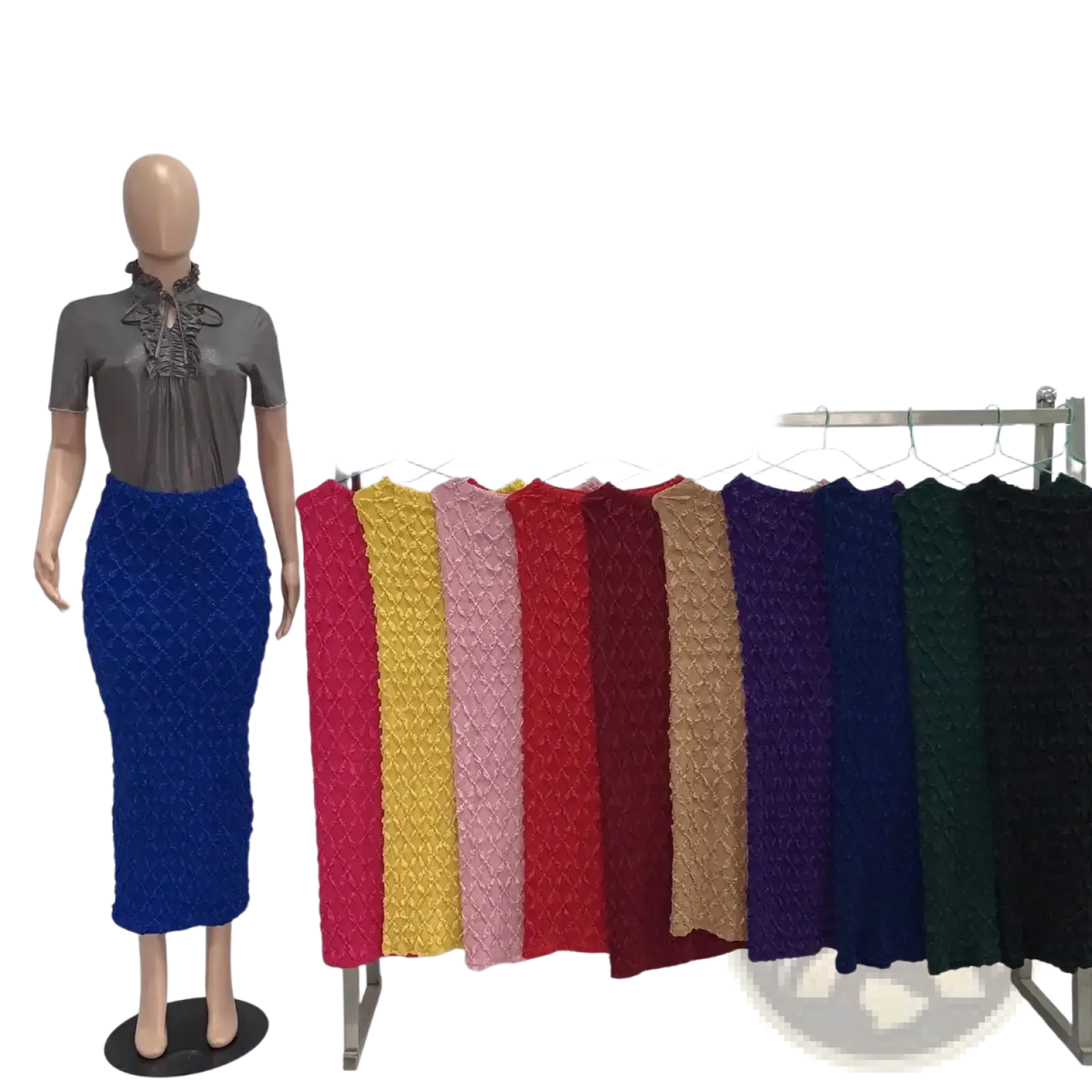 Blue high waist slim fit knit midi skirt displayed on mannequin beside rack of colorful knit skirts