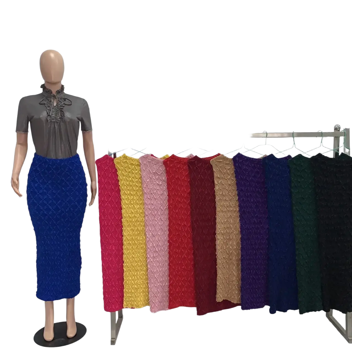Blue high waist slim fit knit midi skirt displayed on mannequin beside colorful knit skirts rack