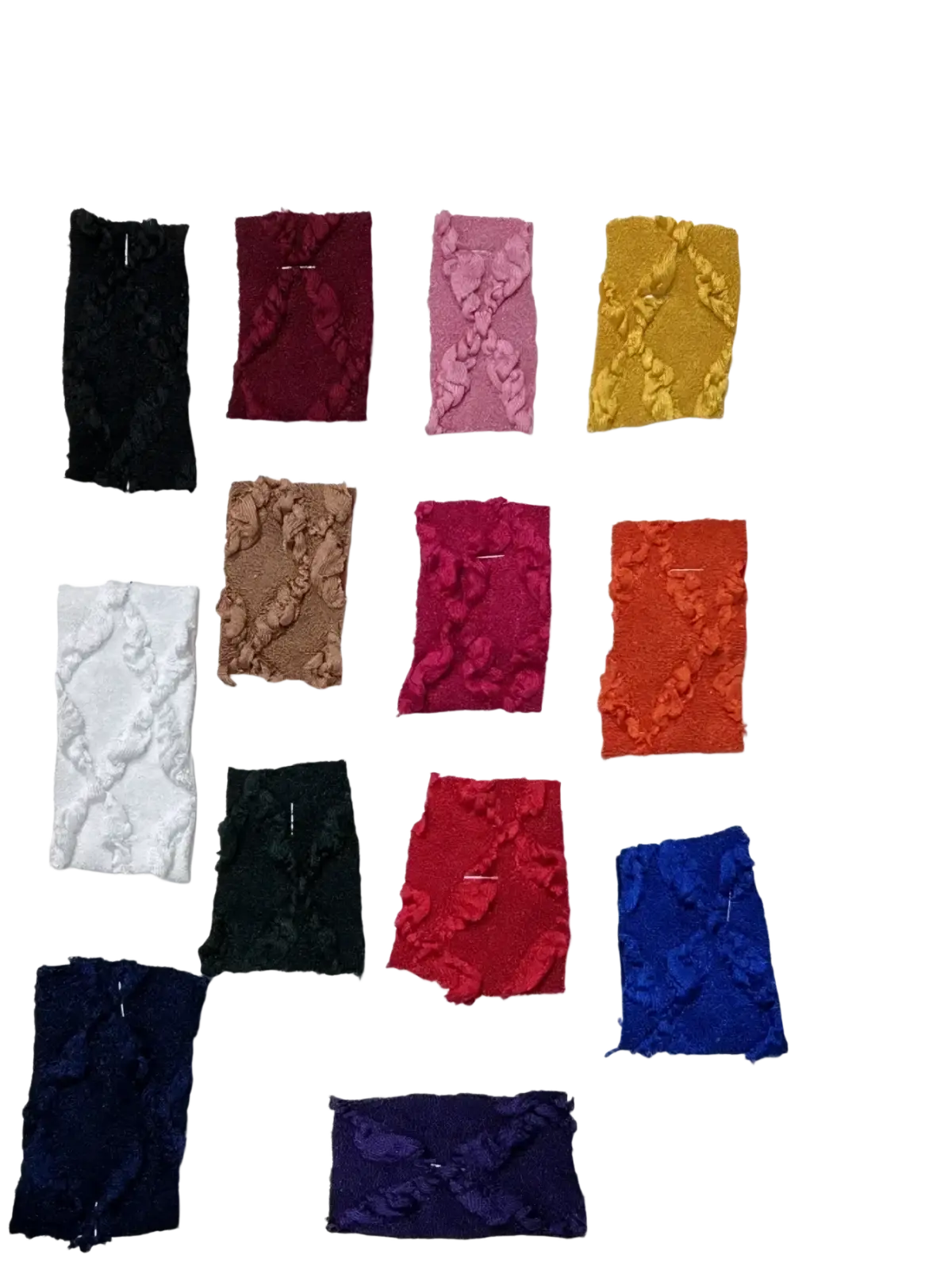 A collection of lace fabric swatches in black white pink yellow and blue for a high waist knit midi skirt slim fit