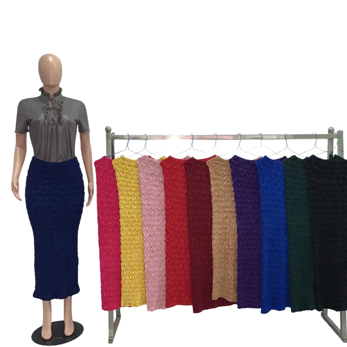 A mannequin wearing a gray short-sleeved blouse paired with a navy blue high waist knit midi skirt slim fit