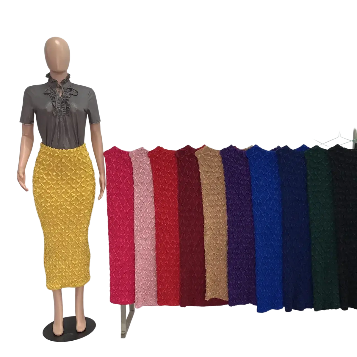 The mannequin wears a vibrant yellow high waist knit midi skirt with a slim fit and textured diamond-patterned weave