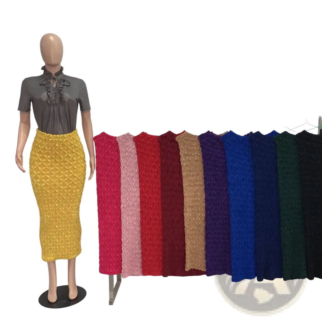 The mannequin wears a high waist slim fit midi skirt in vibrant yellow textured knit with a diamond-patterned weave