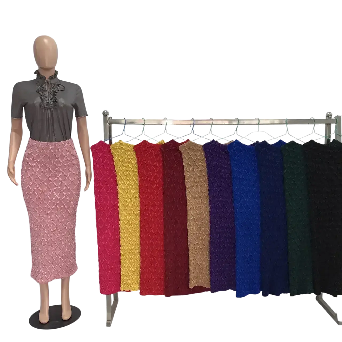 Pink quilted knit midi skirt high waist slim fit pencil style displayed on mannequin front view