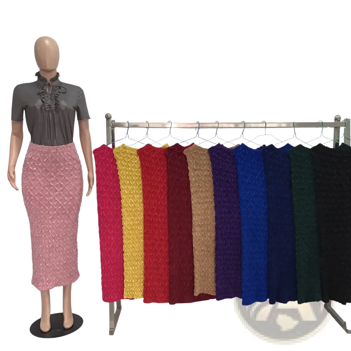 Pink textured high waist knit midi skirt with slim fit displayed on a mannequin in front view