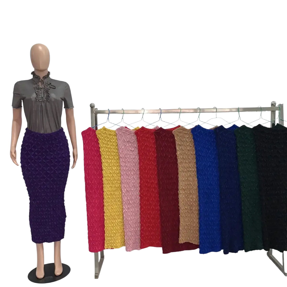 High waist slim fit midi skirt in purple textured knit displayed on a mannequin