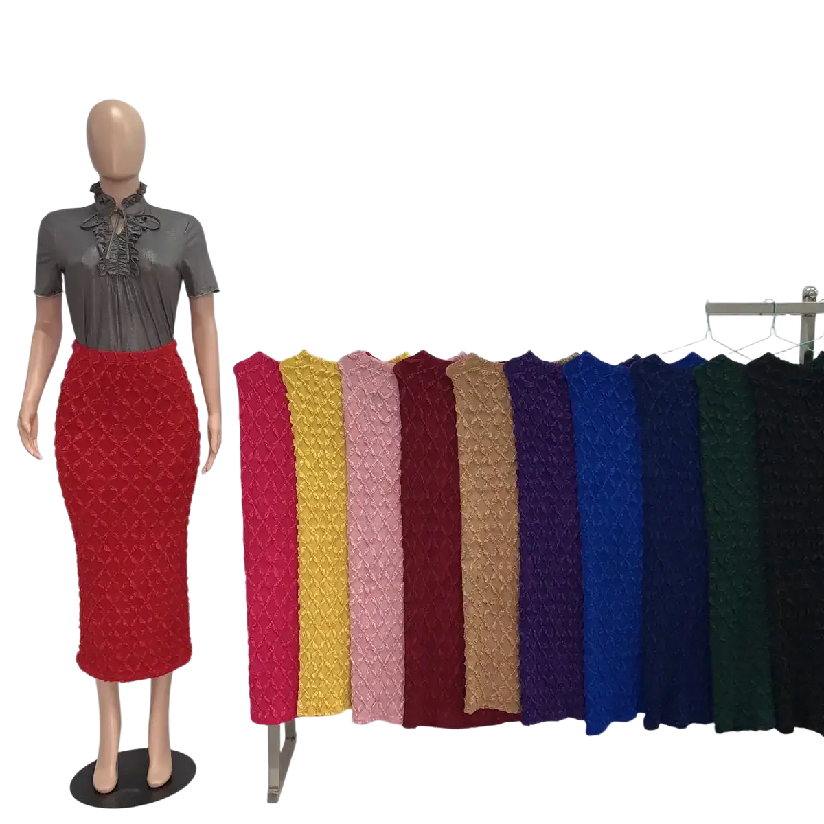 Red textured high waist knit midi skirt displayed on a mannequin showcasing slim fit design