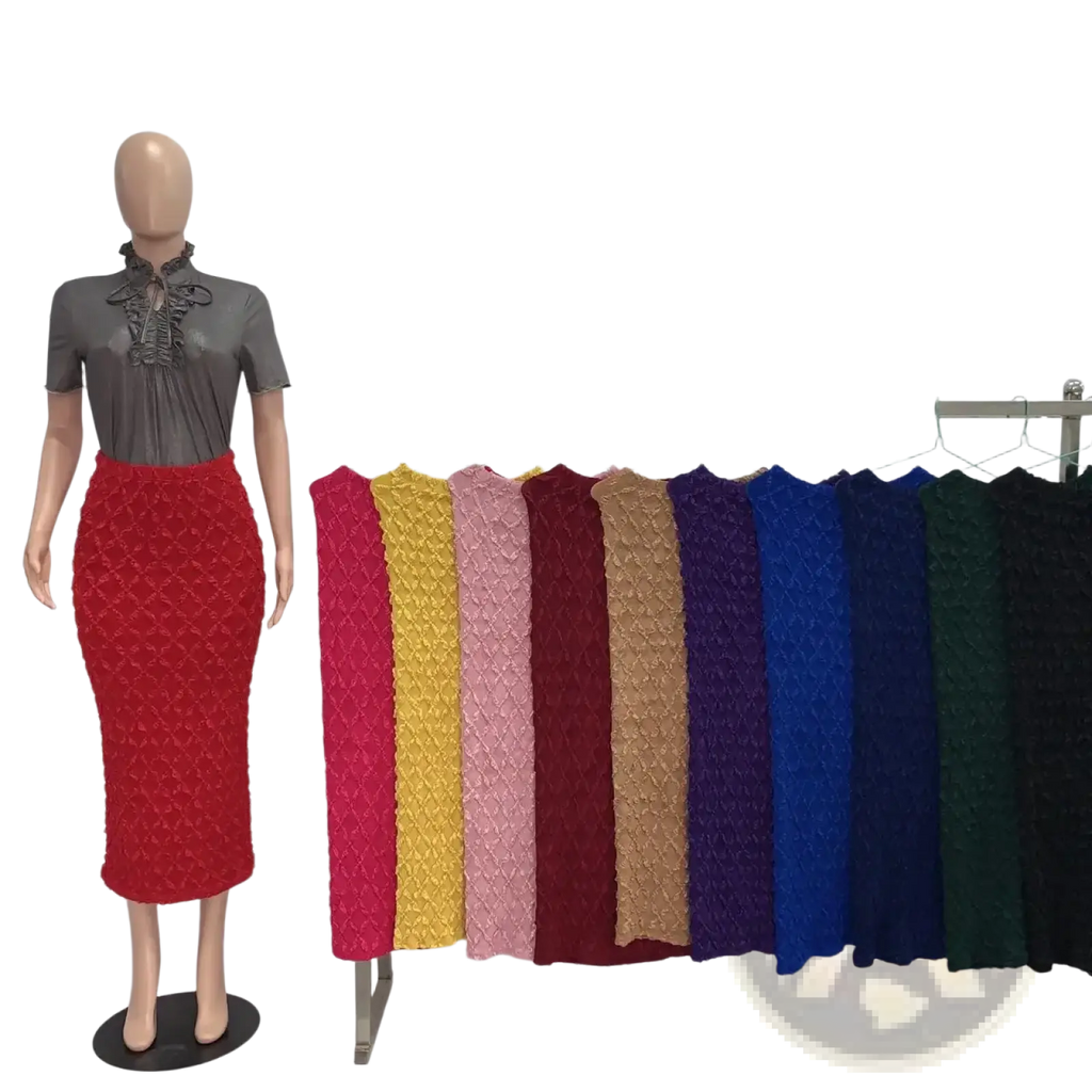 Red textured knit midi skirt high waist slim fit displayed on mannequin showcasing fabric details and shape