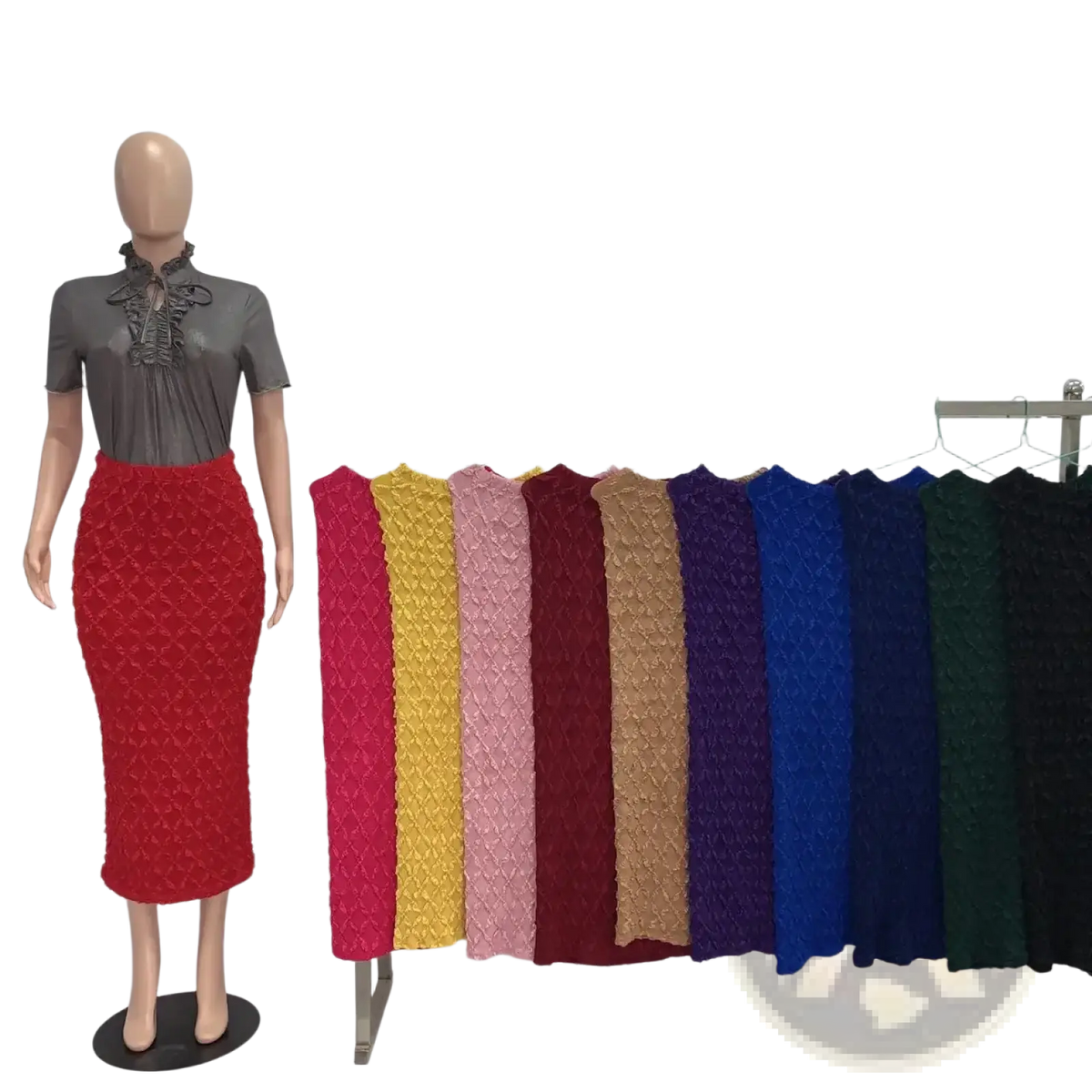 Red textured knit midi skirt high waist slim fit displayed on mannequin showcasing fabric details and shape