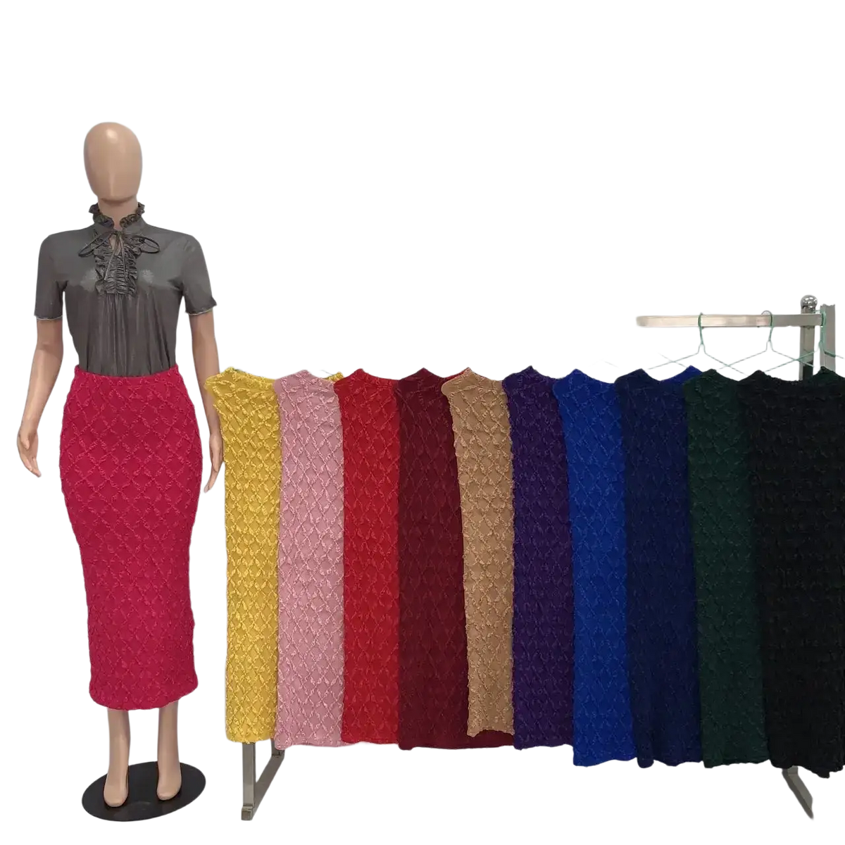A vibrant red high waist knit midi skirt with slim fit displayed on a mannequin with yellow and pink options