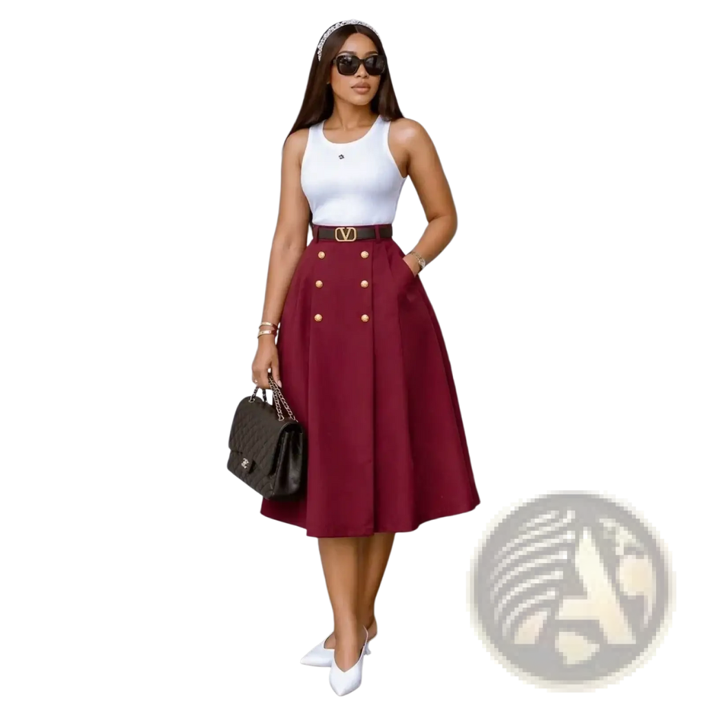 A woman wears a high waist maroon knit midi skirt with gold buttons paired with a white sleeveless top and black quilted handbag