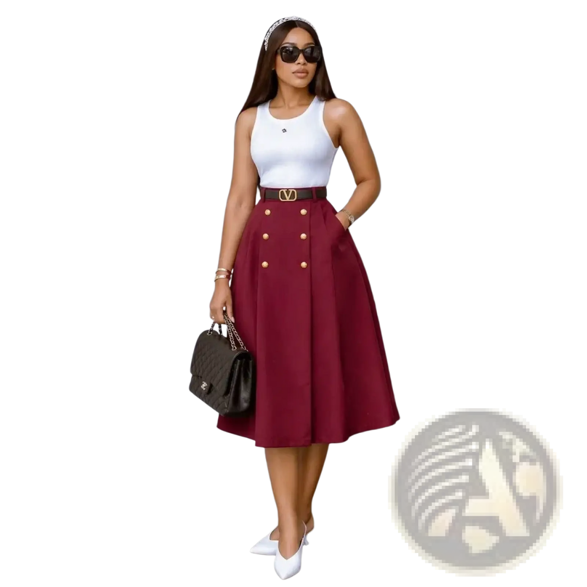 A woman wears a high waist maroon knit midi skirt with gold buttons paired with a white sleeveless top and black quilted handbag