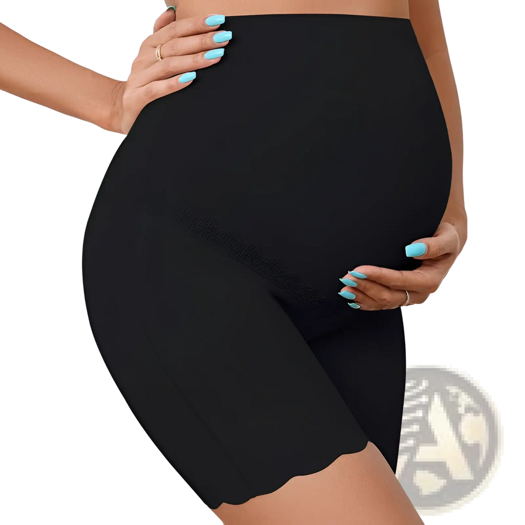 Black high waist maternity boxer briefs with breathable lace and scalloped hem detailing along the side