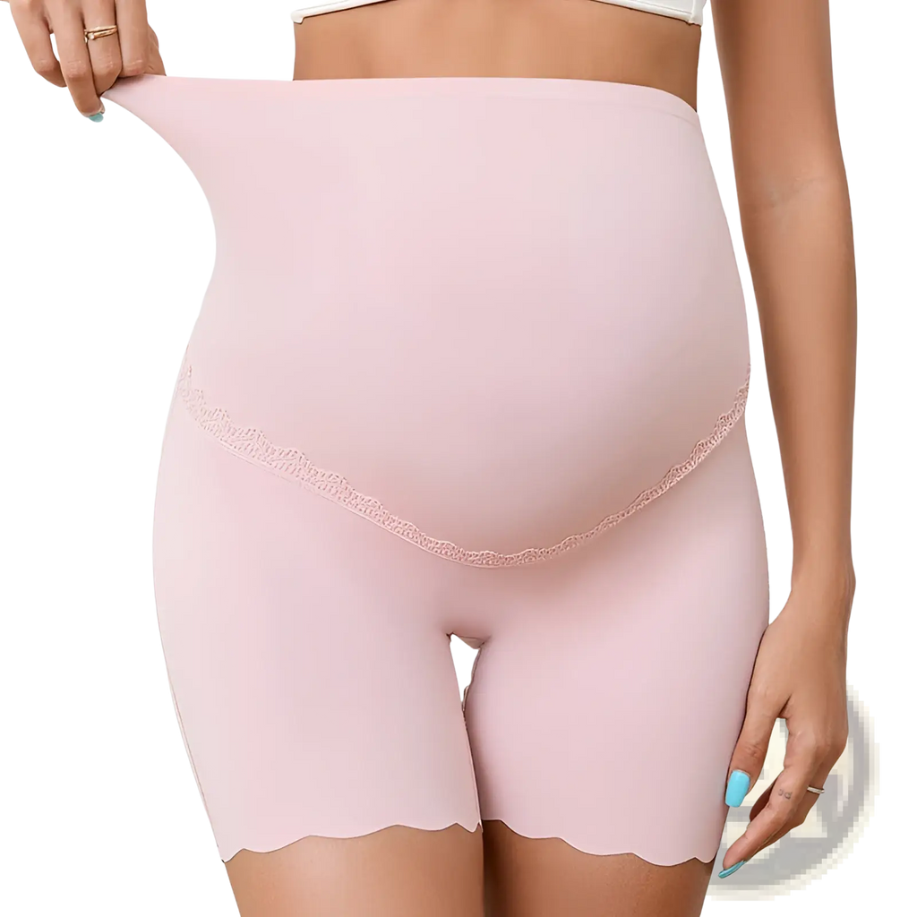 Pink high waist maternity boxer briefs with breathable lace featuring delicate lace trim and scalloped hem