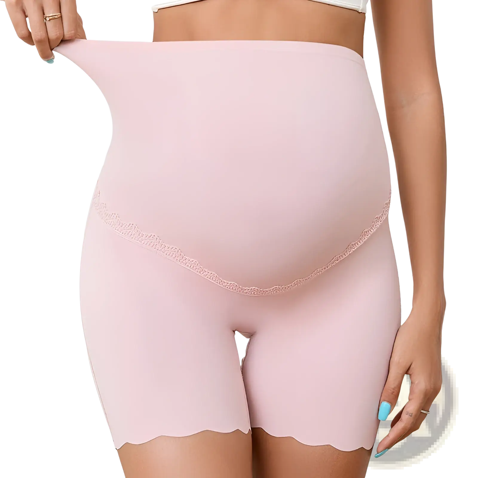 Pink high waist maternity boxer briefs with breathable lace featuring delicate lace trim and scalloped hem