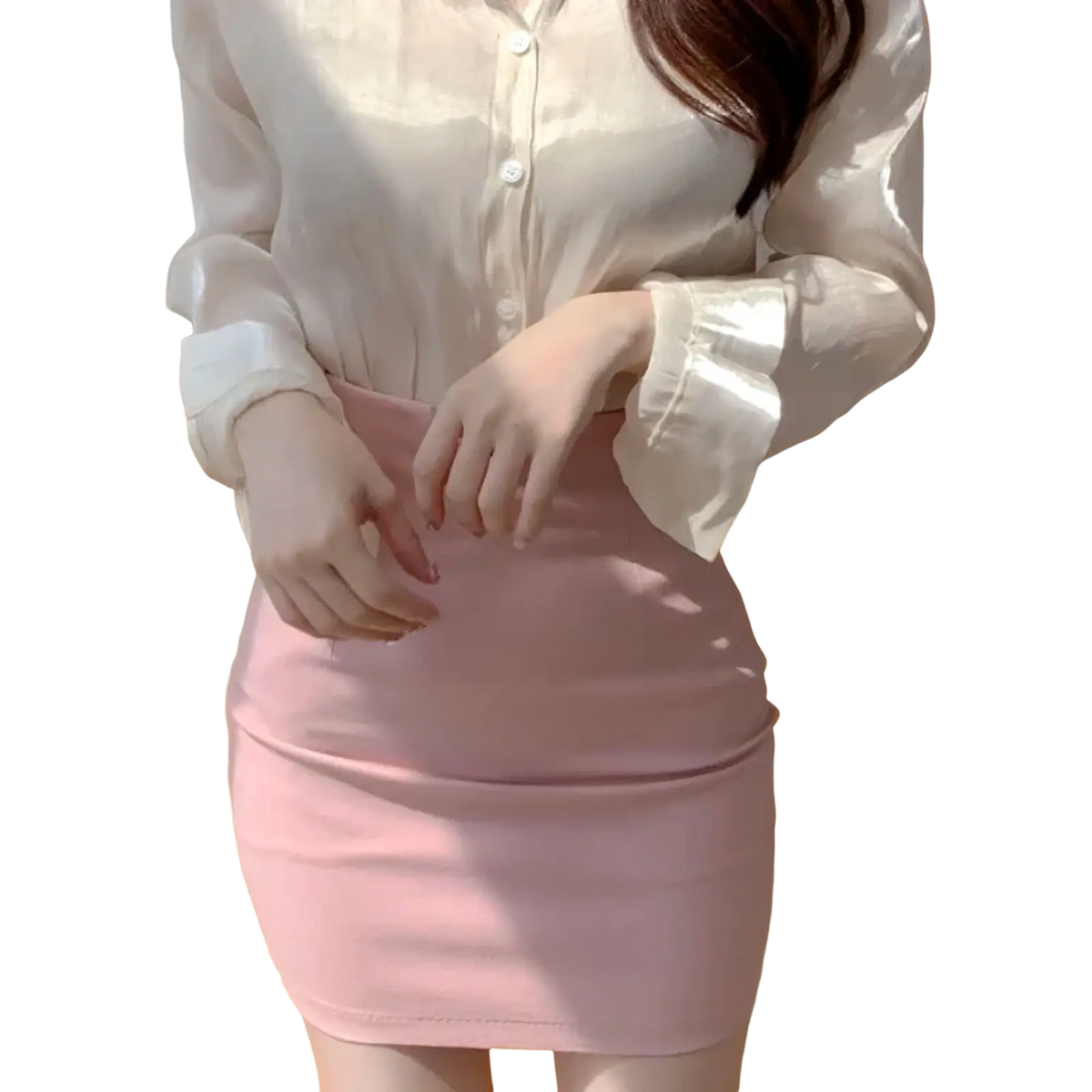 High waist mini pencil skirt in soft pink with form-fitting stretchy fabric and subtle seam detailing