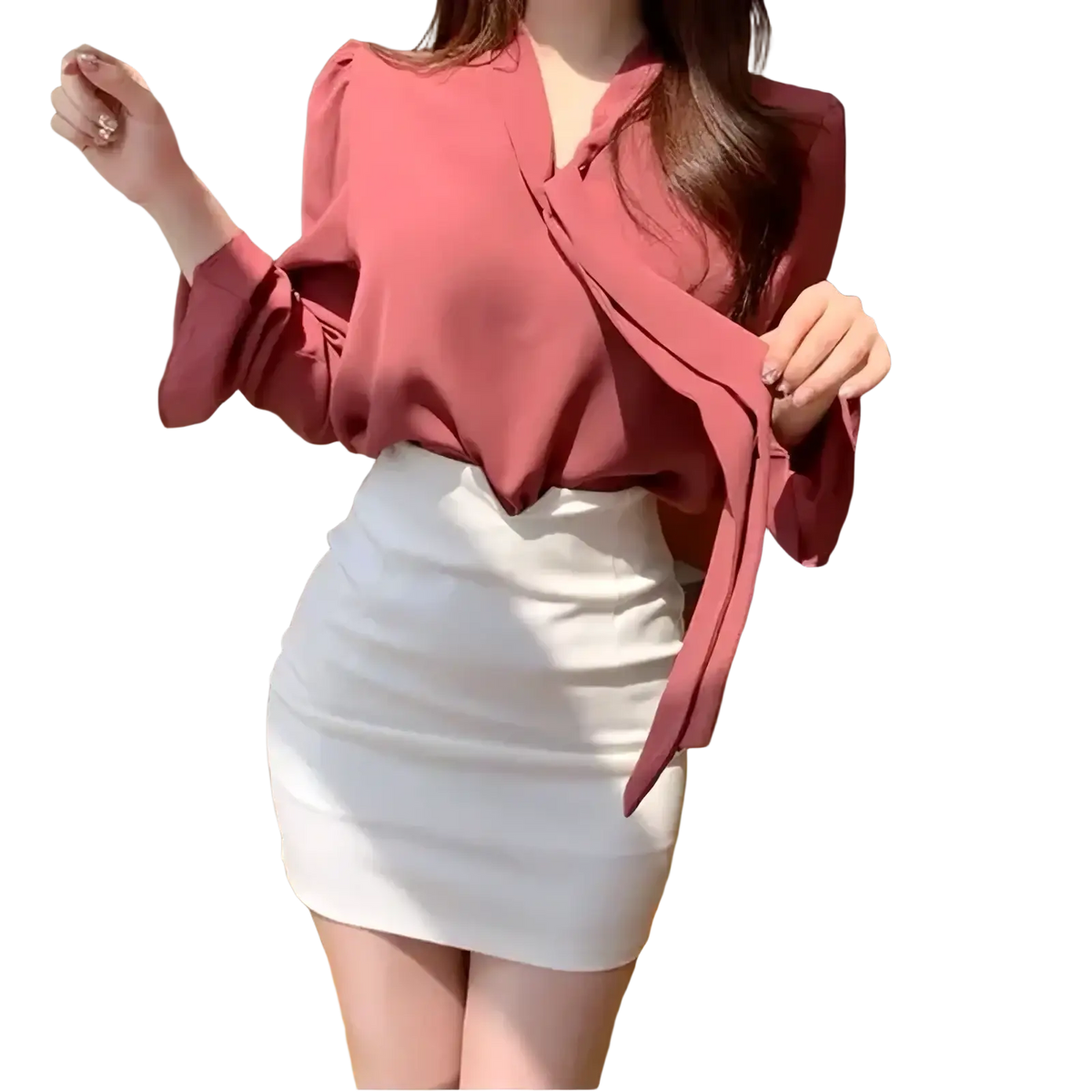 High waist mini pencil skirt paired with a soft pink satin blouse featuring v neck and flowing sleeves