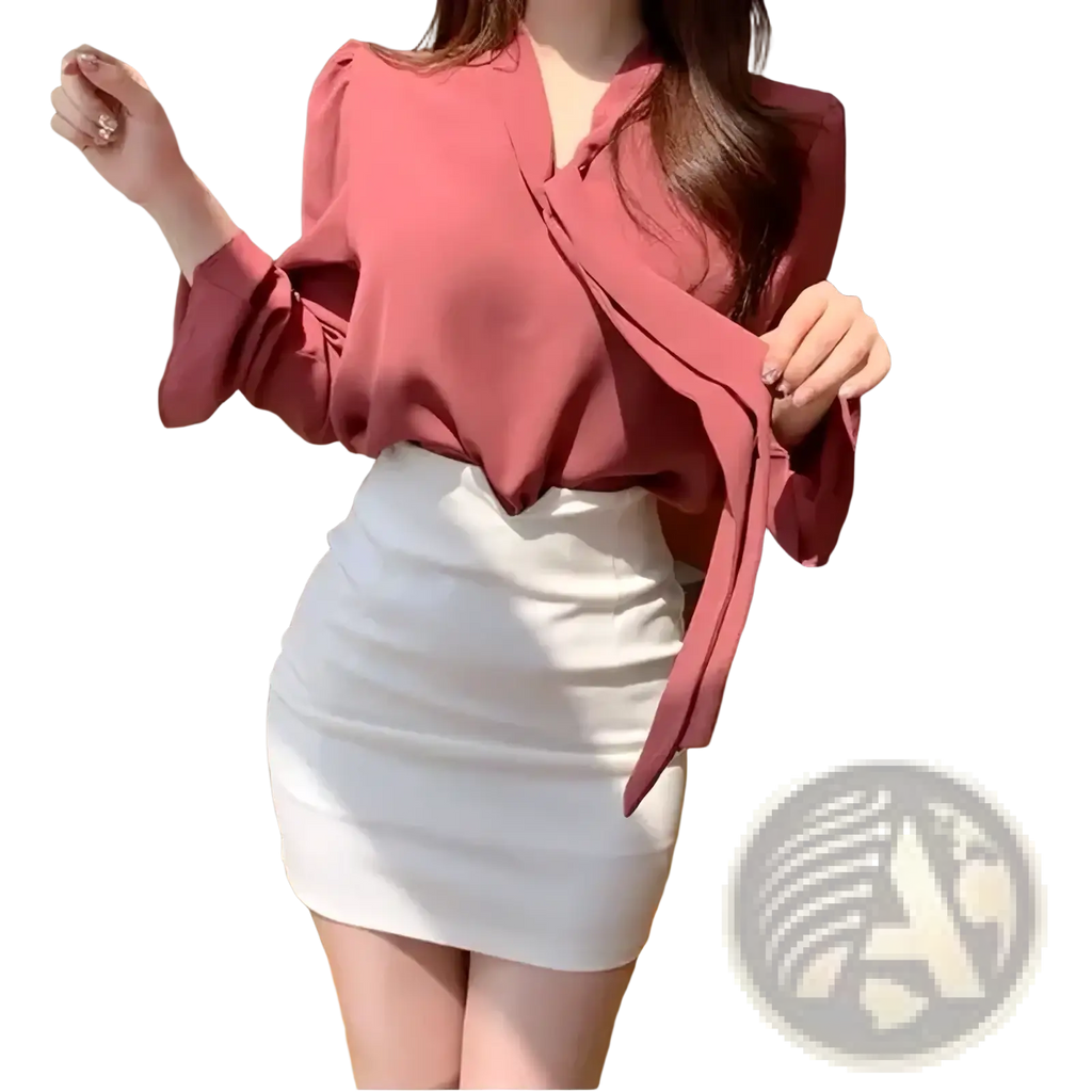 High waist mini pencil skirt paired with a soft pink satin blouse featuring v neck and flowing sleeves