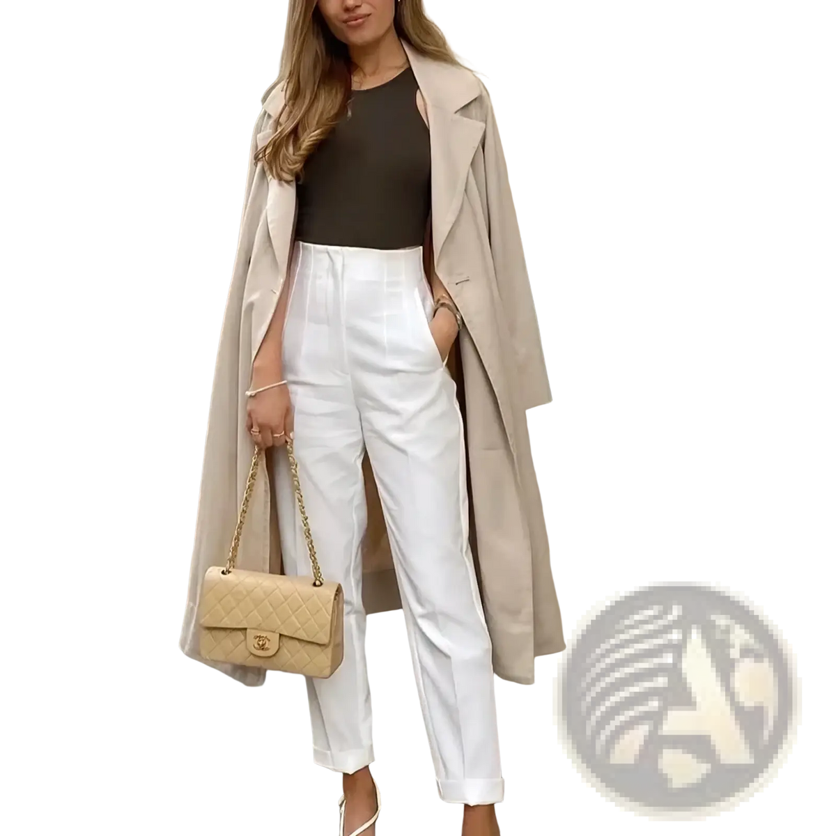 Beige quilted chanel handbag with gold-tone chain strap paired with high waist pleated formal office pants for women