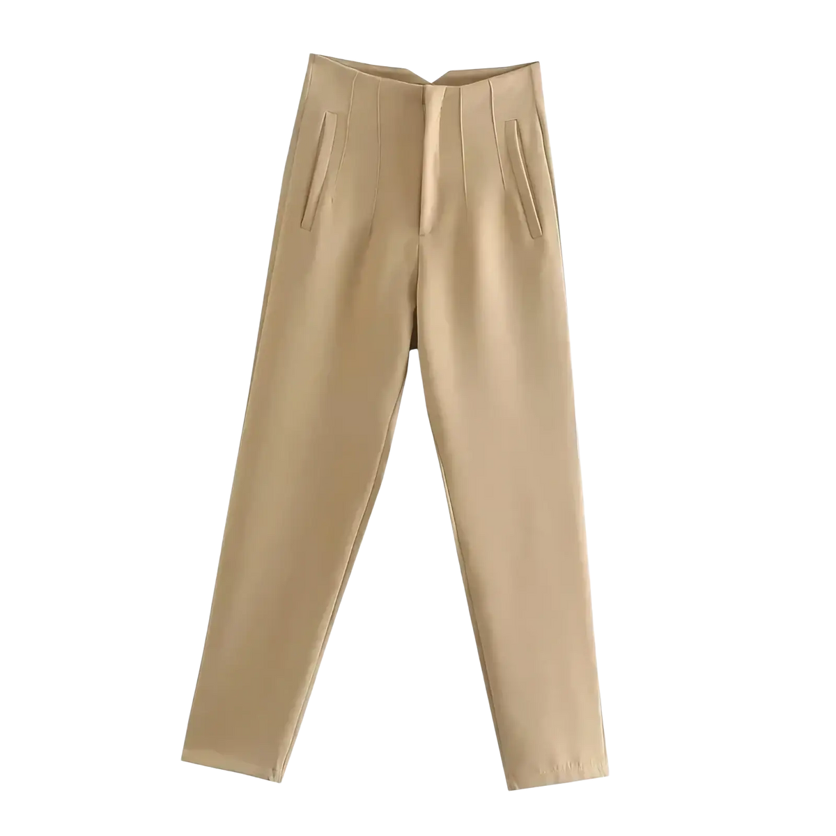 Beige high waist pleated formal office pants for women with a sleek tailored fit and subtle front pleats