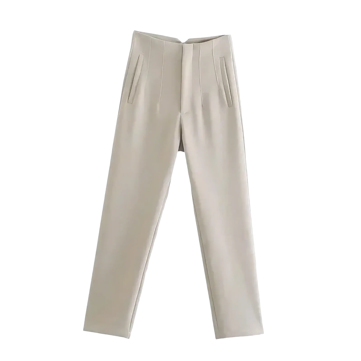 Beige high waist pleated formal office pants for women with a sleek tailored fit and subtle front pleats