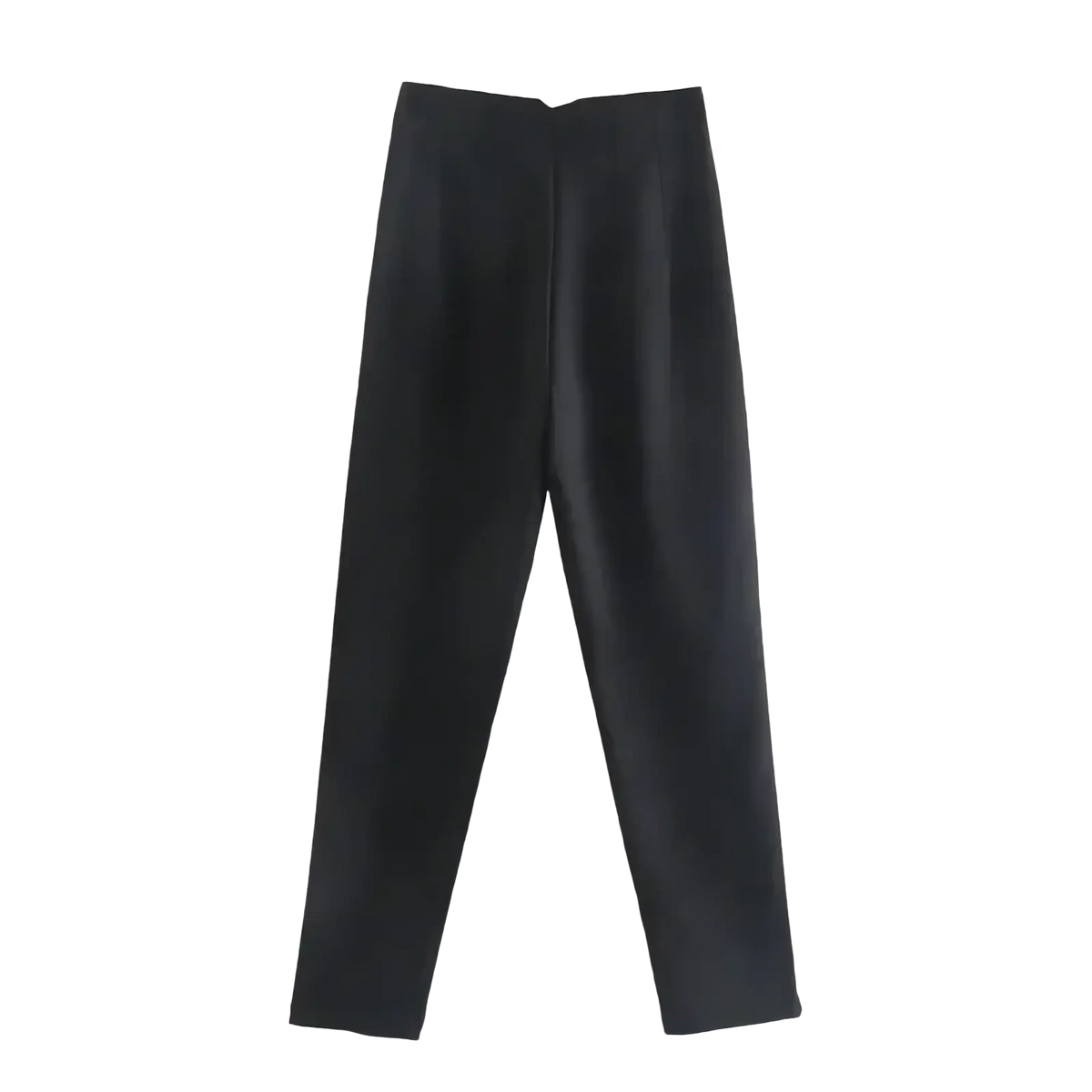 Black high waist pleated formal office pants for women with a sleek straight-leg cut and subtle front creasing
