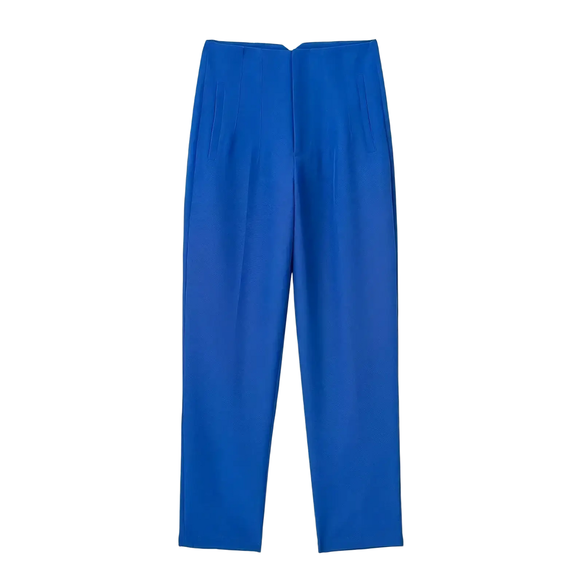 Bright blue high waist pleated formal office pants for women with a sleek straight leg cut and subtle front pleats