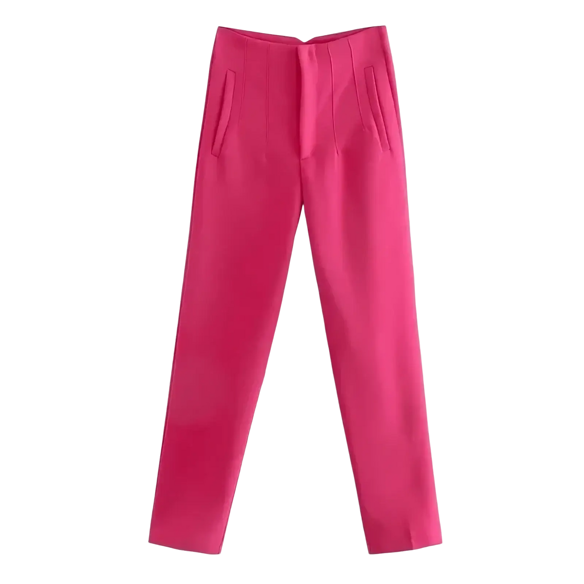 Bright fuchsia high waist pleated formal office pants for women with tailored fit and subtle vertical front pleats
