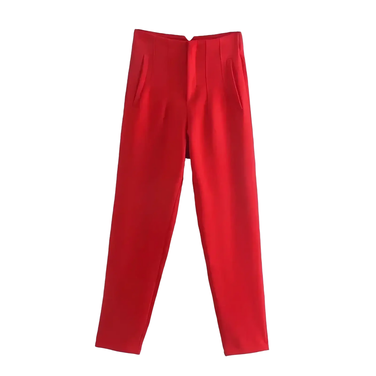 Bright red high waist pleated formal office pants for women with a sleek tailored fit and subtle front pleats