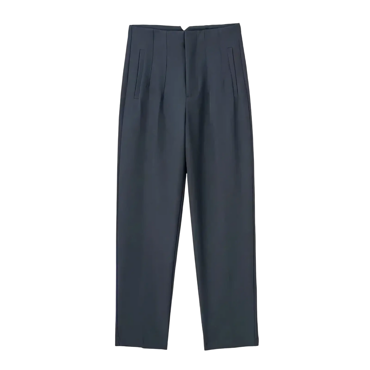 Dark gray high waist pleated formal office pants for women with a tailored fit and subtle front pleats