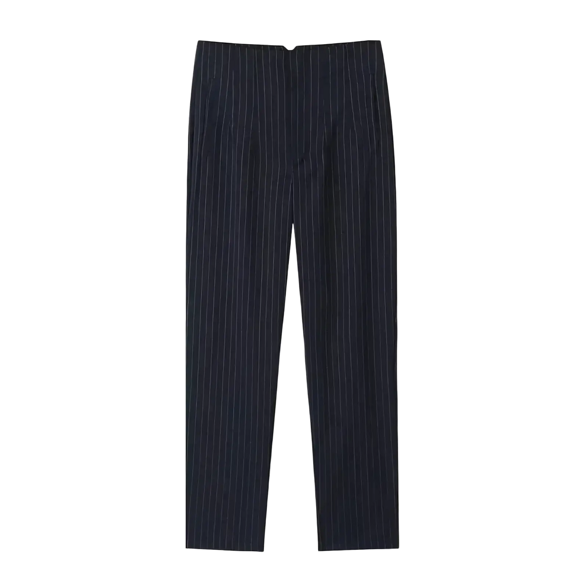 Dark navy high waist pleated formal office pants for women with fine vertical white pinstripe pattern