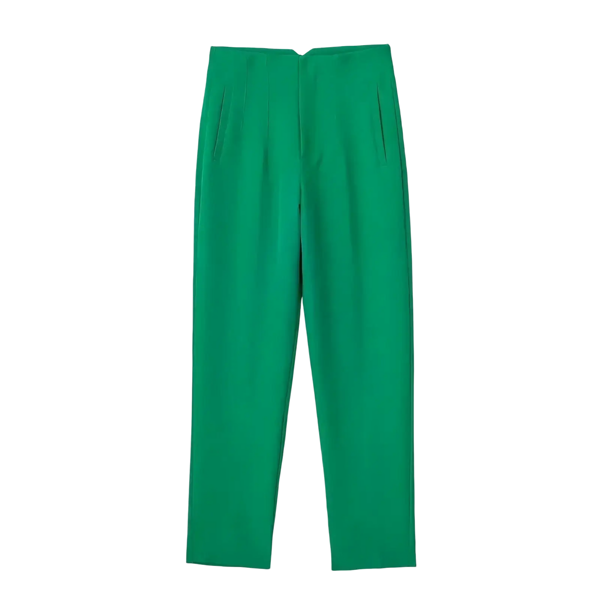 Emerald green high waist pleated formal office pants for women with a sleek straight leg cut and subtle front pleats